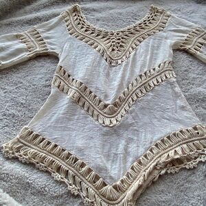 Women’s V Neck Tunic Hippie Cream Crochet Boho One Size Top